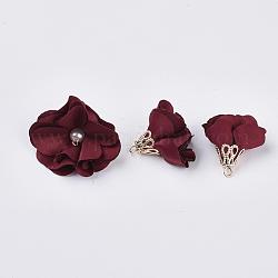 Décorations de pendentif en tissu manuels, avec les accessoires en alliage, fleur, rouge foncé, 24~26x24~25mm, Trou: 2mm