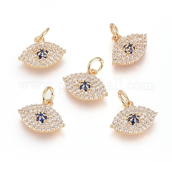 Brass Micro Pave Cubic Zirconia Pendants, with Jump Ring, Long-Lasting Plated, Evil Eye, Clear & Blue, Real 18K Gold Plated, 10x13x2.5mm, Hole: 3.5mm