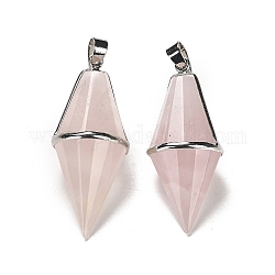 Naturelle quartz rose a pendentifs, Breloques à facettes en forme de bicône avec placage en crémaillère, accessoires en laiton plaqué platine, sans cadmium et sans plomb, 42.5~43x17~18mm, Trou: 4x5.5mm
