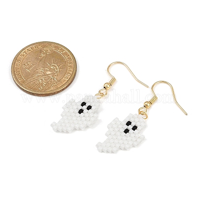 Серьги-подвески из стеклянных бусин ручной работы в виде призрака на тему Хэллоуина EJEW-MZ00478-1