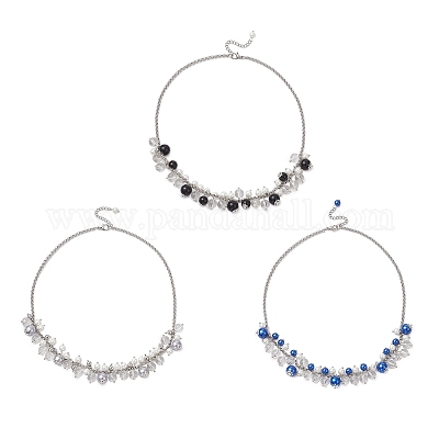 3 шт. 3-цветные круглые стеклянные бусины нагрудник 304 нержавеющая сталь цепочка Роло ожерелья NJEW-JN05359-1