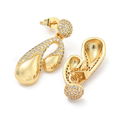 Серьги-гвоздики из латуни с каплевидным паве и прозрачным фианитом EJEW-M258-80G-1