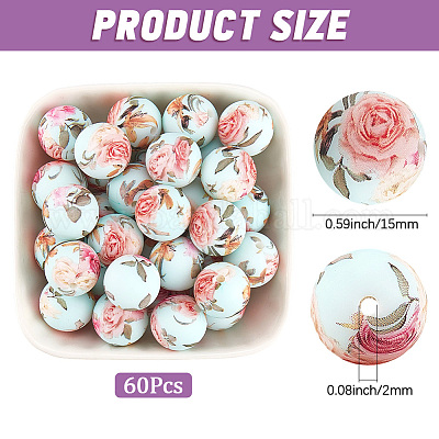 60шт круглые силиконовые бусины с принтом SIL-PA0001-05-1