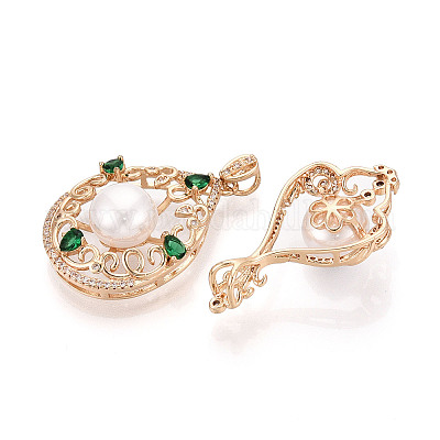 Латунные подвески с микропаве из кубического циркония и искусственного жемчуга ABS KK-T072-59G-1