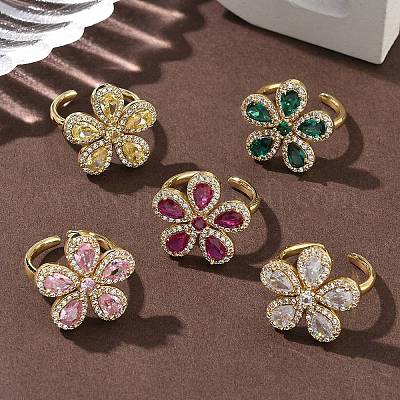 Кольца-манжеты из цветочной латуни с микропаве из кубического циркония для женщин RJEW-A069-14G-1