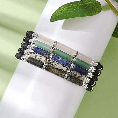 Браслеты из смешанных драгоценных камней и круглых натуральных лавовых камней диаметром 4 мм и гальванических немагнитных браслетов из синтетического гематита с плетеными бусинами BJEW-JB10328-1