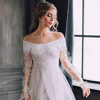 Длинные перчатки без пальцев из полиэстера с цветочным узором и кружевными манжетами AJEW-WH0455-019-1