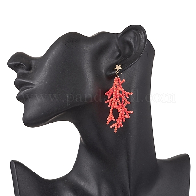 Звезда с коралловыми бусинами ручной работы из стекла серьги-гвоздики с кисточками EJEW-MZ00472-01-1