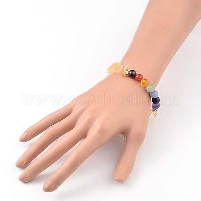 Натуральные цитриновые (окрашенные и нагретые) чипсы и круглые браслеты из бисера из бисера с чакрами и натуральным драгоценным камнем BJEW-JB01990-04-1