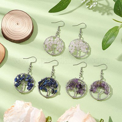 Серьга с подвеской из натурального камня и латуни EJEW-JE05981-1