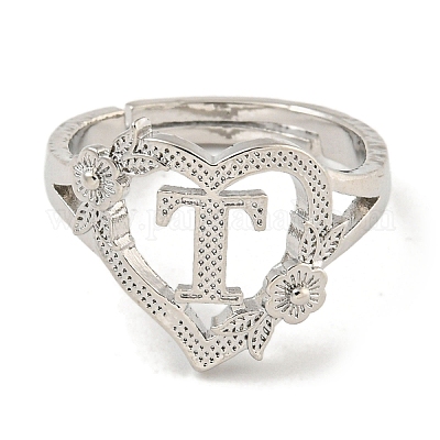 Сердце с буквой и цветком стойка покрытие латунь регулируемые кольца для женщин RJEW-I105-05P-T-1