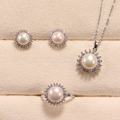 Ожерелье с подвеской из латуни с микропаве из прозрачных кубических цирконий и натуральным пресноводным жемчугом WG8FE37-01-1