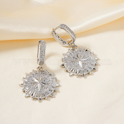 Латунные прозрачные кубические цирконии плоские круглые серьги-кольца со звездой JU6465-2-1