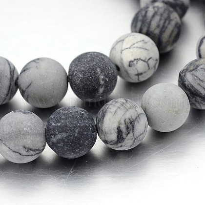 Bereift runde natürliche schwarze Seide Stein / Netstone Perlenstränge G-J338-14-10mm-1