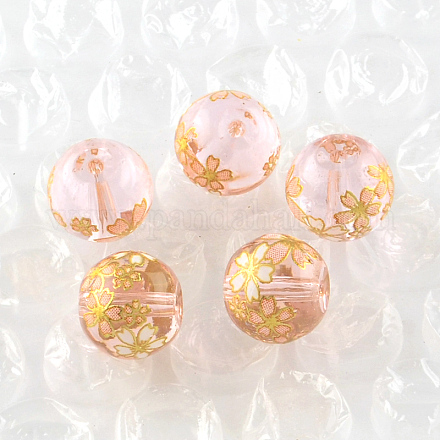 Perles rondes imprimées de motif de fleur rose en verre GFB-R004-12mm-W06-1