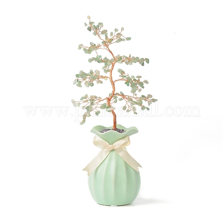 Scaglie di avventurina verde naturale con albero dei soldi in filo avvolto in ottone su decorazioni in vaso di ceramica DJEW-B007-01E-1