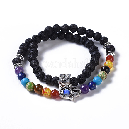 Two Loops Natural Lava Rock & Natural/Synthetic Mixed Stone Beads Warp Stretch Bracelets BJEW-JB04223-01-1
