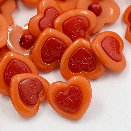 アクリルシャンクボタン  1穴  染め  愛とハートの中で​​ハート  バレンタインデーのために  レッドオレンジ  15x15x2mm  穴：3x2mm X-BUTT-E057-08-1