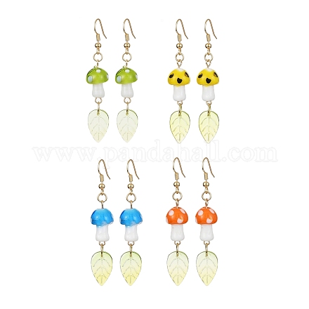 4 Pairs 4 Colors Mushroom Lampwork & Glass Leaf Dangle Earrings EJEW-TA00305-1