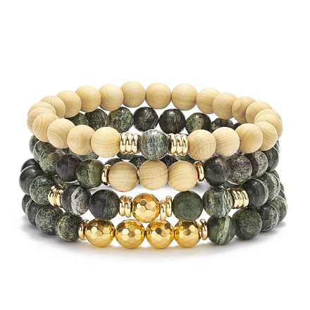 4 pièces 4 style jaspe zèbre vert naturel et bois et hématite synthétique ensemble de bracelets extensibles perlés ronds BJEW-JB08361-1