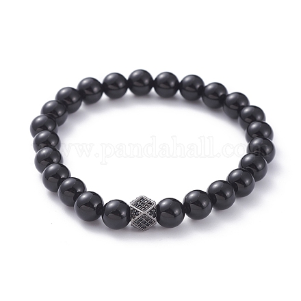 Unisex Round Natural Black Agate Beaded Stretch Bracelets BJEW-JB04845-01-1
