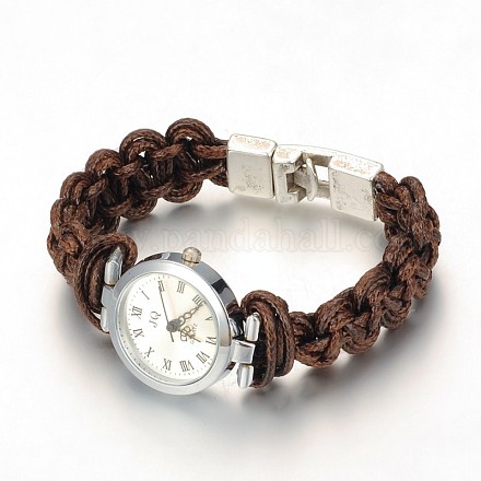 トレンディな合金の腕時計のブレスレット  ワックスポリエステルコードとチベットスタイル合金スナップロッククラスプ付き  ココナッツブラウン  210mm BJEW-JB01756-01-1
