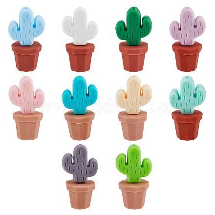DICOSMETIC 10 Sets 10 Colors Cactus & Potted Plants Food Grade Eco-Friendly Silicone Beads SIL-DC0001-22-1