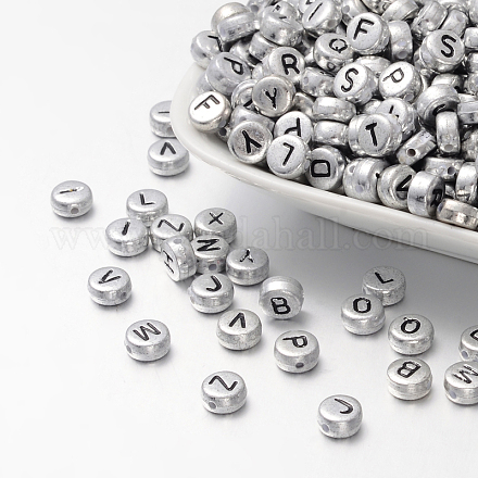 Perles de lettre à trou horizontal acrylique plaqué couleur argent PB43C9070-1