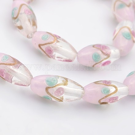 Handmade Two Tone Gold Sand Lampwork Oval with Flower Pattern Beads Strands LAMP-O007-02D-1