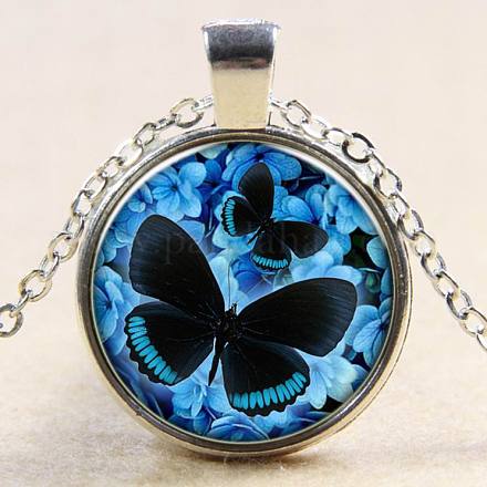 Colliers avec pendentif plat rond en verre avec motif de papillon NJEW-N0051-008J-02-1