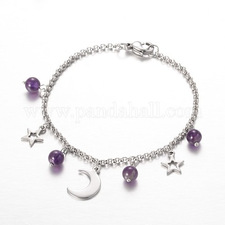 Moon & Star Stainless Steel Gemstone Charm Bracelets BJEW-JB01935-03-1