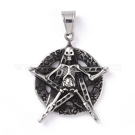 Flat Round with Skull 304 Stainless Steel Pendants STAS-G265-03AS-1