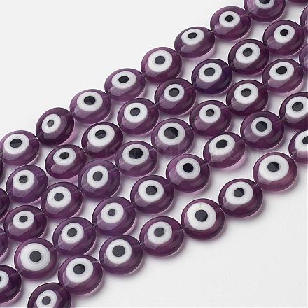 手作りナザールボンジュウランプワークビーズ連売り  フラットラウンド  紫色のメディア  12x4mm  穴：1mm  約34個/連  16インチ（40.5cm） LAMP-J081-06-12x4mm-1
