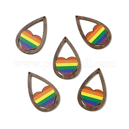 Grandi ciondoli in legno di pioppo stampato a faccia singola con tema bandiera arcobaleno/orgoglio WOOD-G014-02B-1