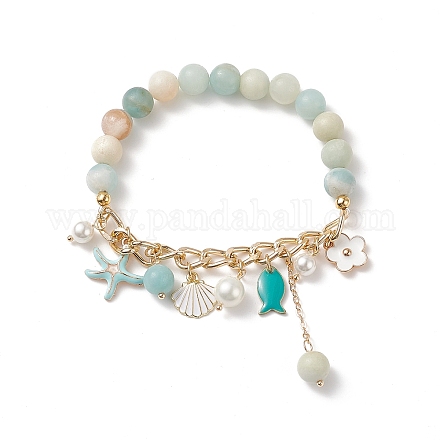 Bracelet extensible perlé fleur naturelle amazonite & coquillage BJEW-TA00196-1