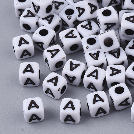 白い不透明なアクリルビーズ  水平穴  黒いアルファベットのキューブ  文字.a  4~5x4~5x4~5mm  穴：1.8mm  約6470~6500個/500g MACR-R869-02A-1