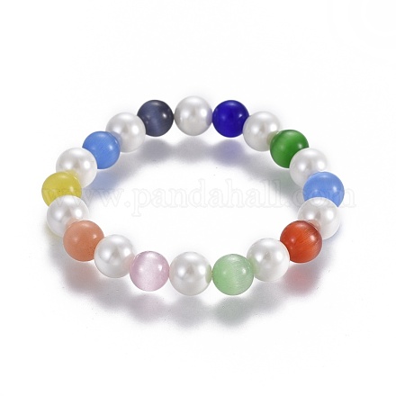 Cat Eye and Glass Pearl Stretch Bracelets BJEW-JB04189-1