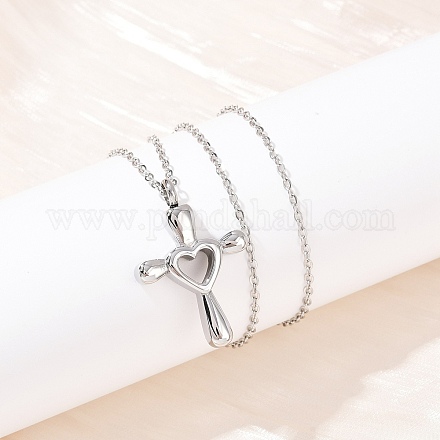 304 нержавеющая сталь кулон в форме сердца крест урна для праха домашних животных ожерелья NJEW-S455-05P-1