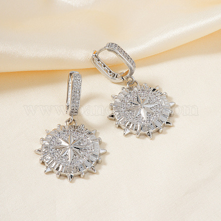 Латунные прозрачные кубические цирконии плоские круглые серьги-кольца со звездой JU6465-2-1