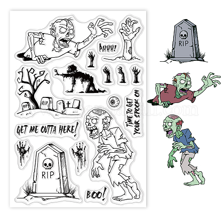 GLOBLELAND Halloween Clear Stamps Zombie Tombstone Spook Silicone Clear Stamp Seals for Cards Making DIY Scrapbooking Photo Journal Album Decoration DIY-WH0167-56-923-1