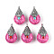 Tibetan Style Resin Pendants, with Alloy & Enamel, Teardrop, Antique Silver, Hot Pink, 26.5~28x16x13~14mm, Hole: 2.5mm