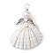 Copper Wire Wrapped Shell Pendants, Angel Charms with Glass Pearl Beads & Alloy Wings, Antique Silver & Platinum, 43x32x11.5mm, Hole: 4.2mm