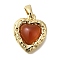 Natural Carnelian(Dyed & Heated) Pendants, Heart Charms, with Textured Brass Findings, Real 18K Gold Plated, 16x13.5x4.5mm, Hole: 4.5x2.5mm
