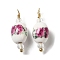 Handmade Porcelain Pendants, with Brass Findings, Real 18K Gold Plated, Barrel with Flower Pattern, Camellia, 22.5x8mm, Hole: 1.8mm