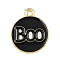 Halloween Theme Alloy Enamel Pendants, Flat Round with Word Boo, Golden, Black, 18x15x1mm, Hole: 1.8mm
