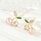 Cherry Brass Clear Cubic Zirconia Stud Earrings, with Imitation Pearl, Real 14K Gold Plated, 14.5x13mm