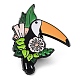 花のエナメルピンが付いたオウム  バックパックの服の電気泳動黒合金バッジ  オレンジ  30.5x26x1.5mm JEWB-F021-03-1