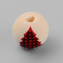天然木のビーズ  クリスマスのテーマ模様でラウンド  クリスマスツリー模様  16x15mm  穴：3.5mm&nbsp;WOOD-WH0015-71B-05