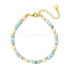 Pulseras de cuentas de cubo facetado de larimar natural y perlas cultivadas de agua dulce naturales con cuentas redondas de latón.&nbsp;BJEW-JB14416