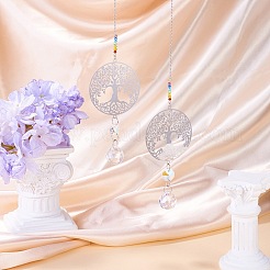 2 attrape-soleil suspendu en acier inoxydable 201 en forme d'arbre de vie et verre cristal arc-en-ciel&nbsp;HJEW-TA00446